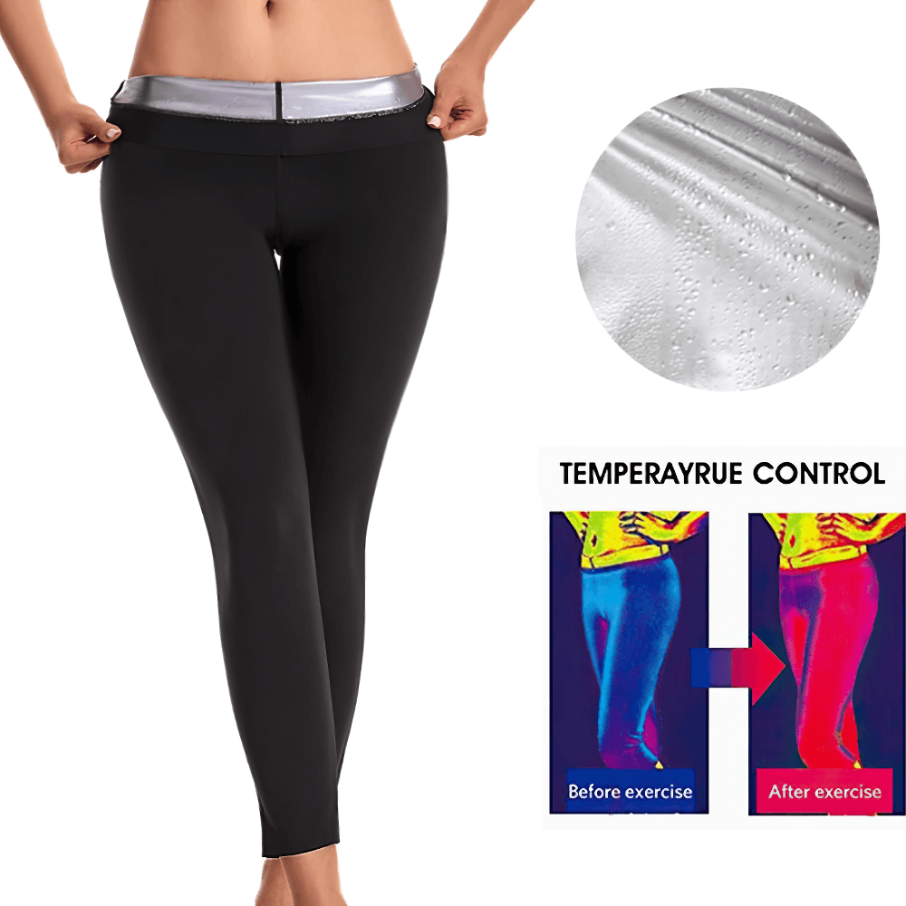 Women’s sauna effect leggings showing sweat production, highlighting temperature control and body shaping features.